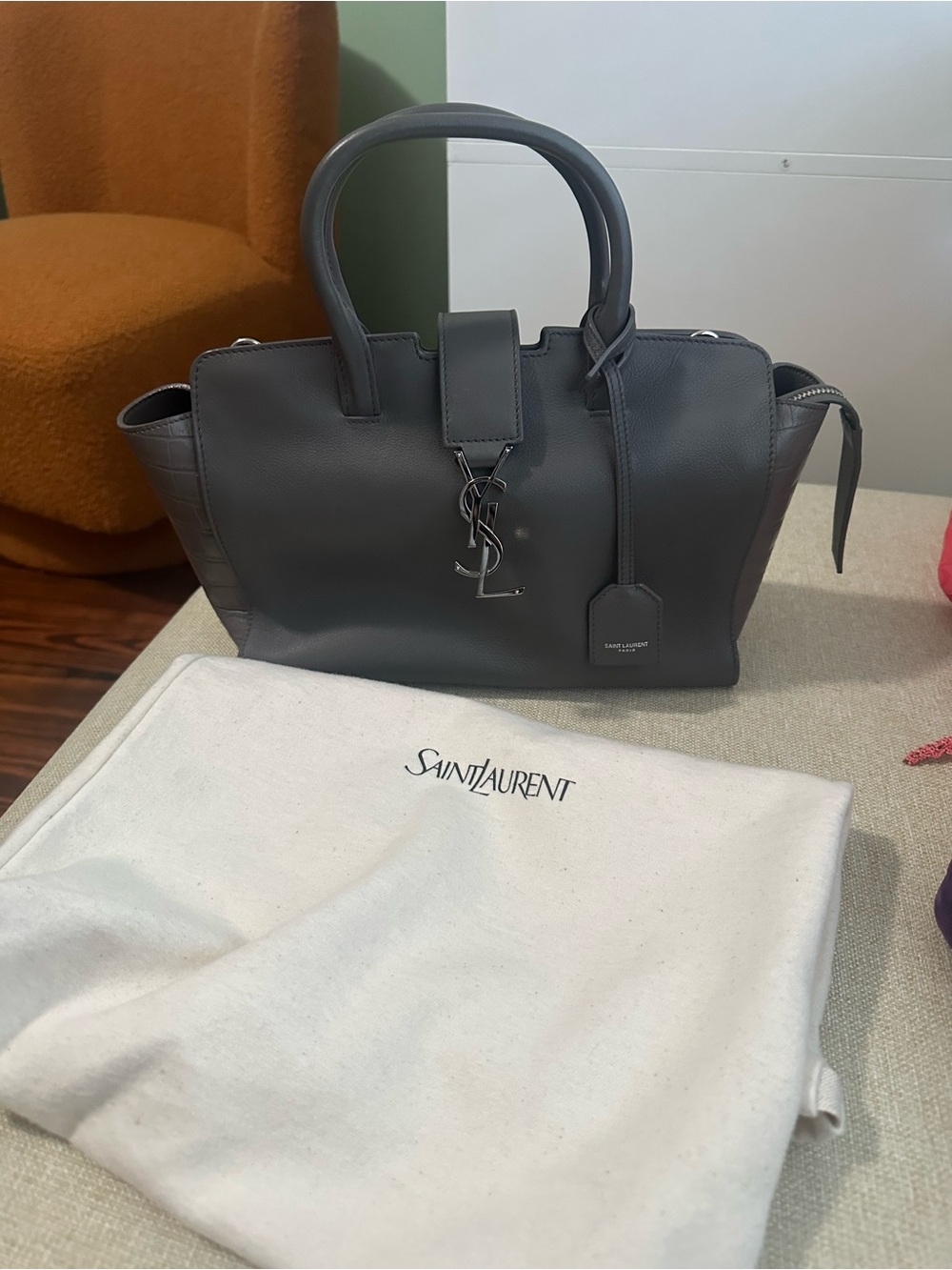 YSL Grey Cabas Crocodile Bag